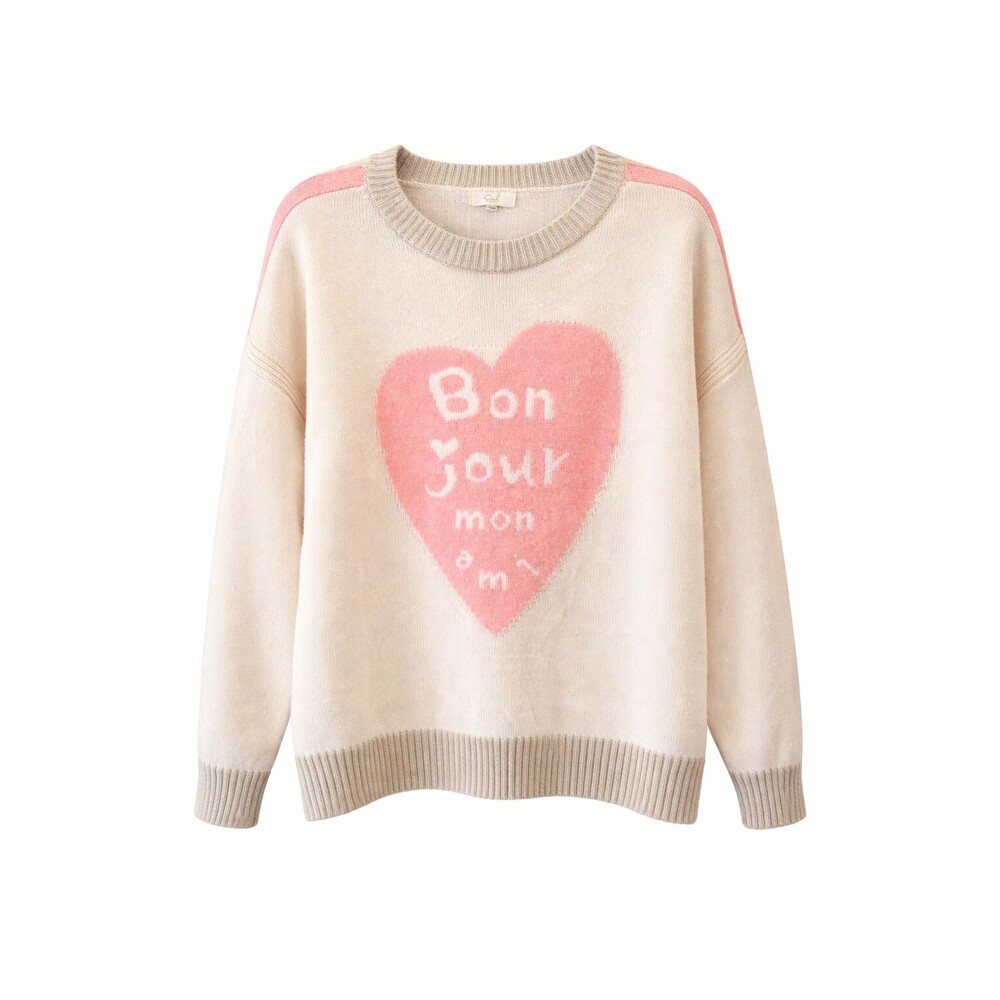 Easel Bon Jour Mon Ami Heart Sweater Pink and White Large